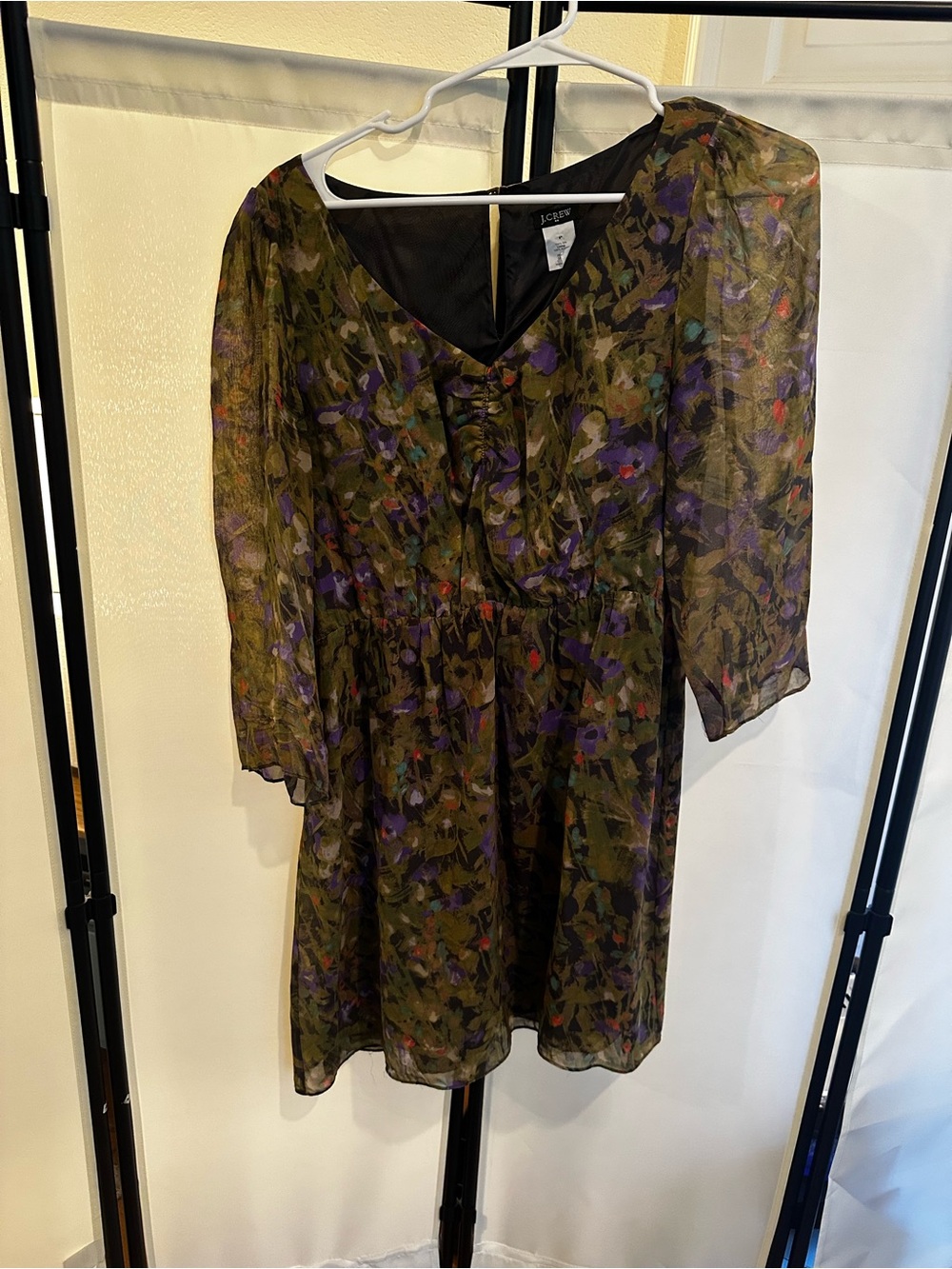 Jcrew 100% silk Floral Sheer Green V-Neck Mini Dress